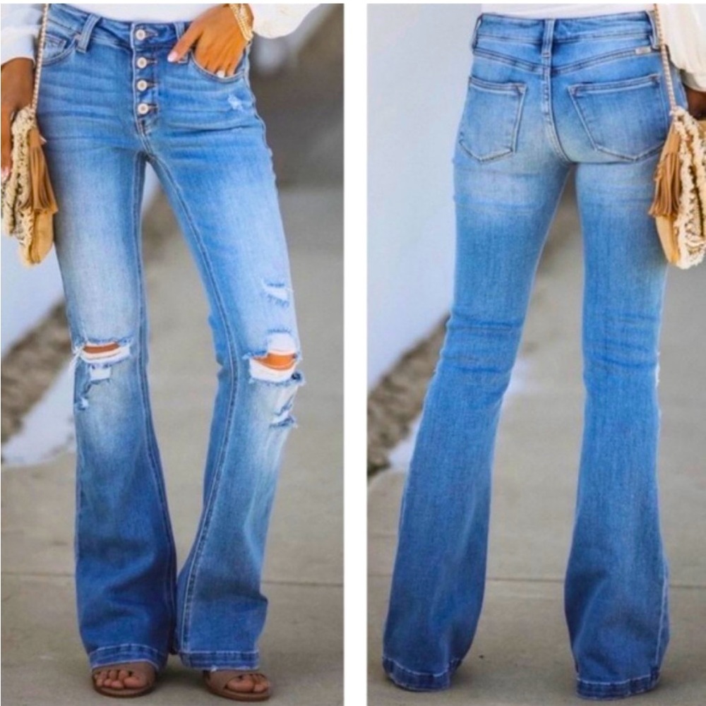New KanCan Distressed Button Fly Flare Leg Jeans Bell Bottoms